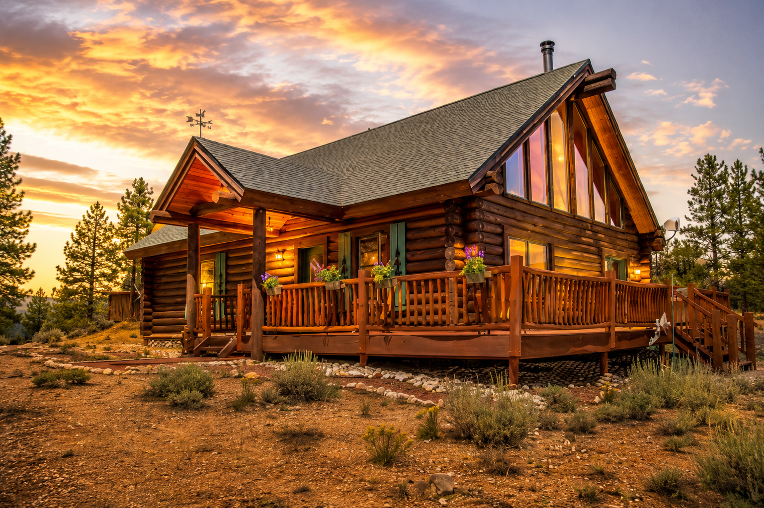 R-Kansas Alpine log cabin at sunset