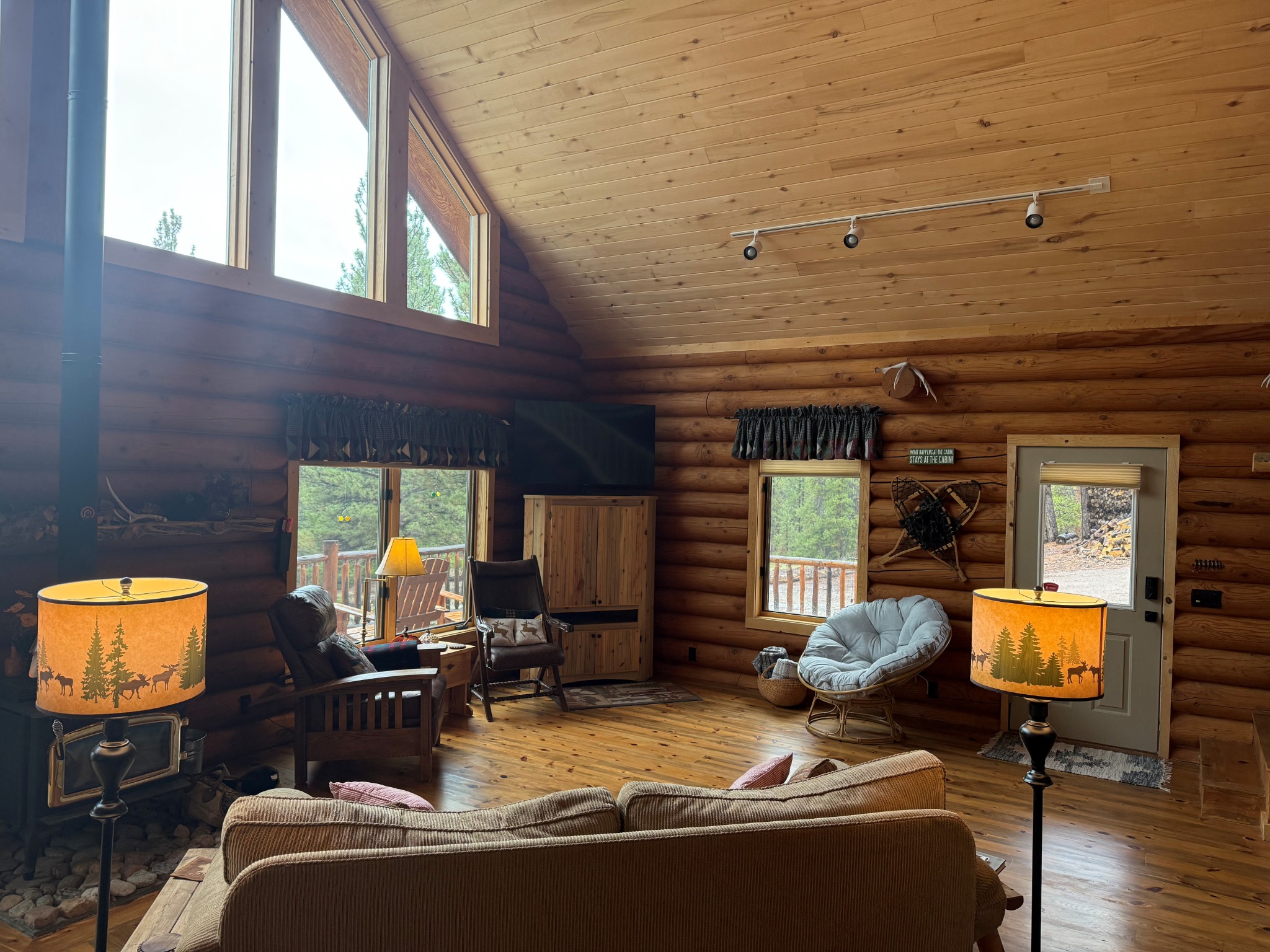 Open living room with wood-burning stove